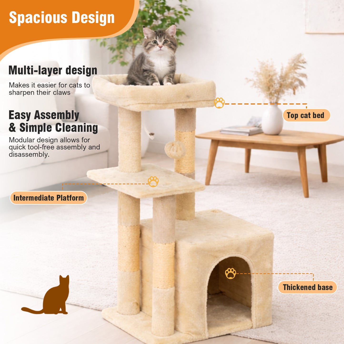 Cat Tree, Multi-Level Cat Tree Tower, Indoor Activity Center with Sisal Scratching Posts, Condos, Plush Perches, Hanging Cat Toys, Beige