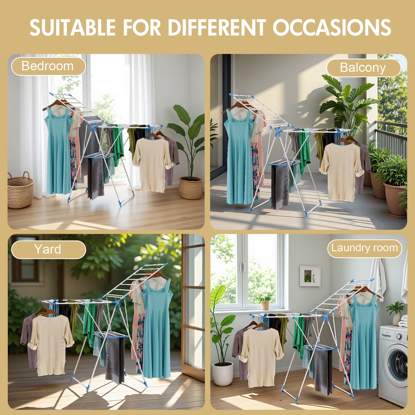 Portable 2-Layer Wing-Style Foldable Clothes Rack with Adjustable Height Wings, Suitable for Indoor/Outdoor Use, Blue