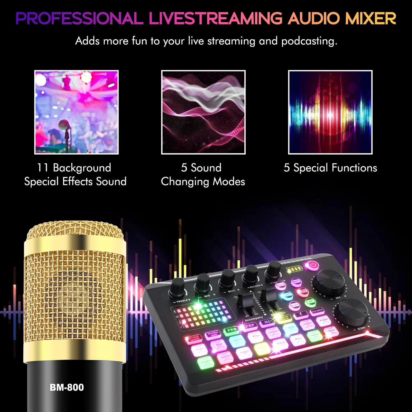 Condenser Microphone Bundle, Audio Mixer BM-800 Podcast Microphone with Voice Changer, Studio Equipment for Laptop Computer Vlog Living Broadcast Live Streaming YouTube TikTok