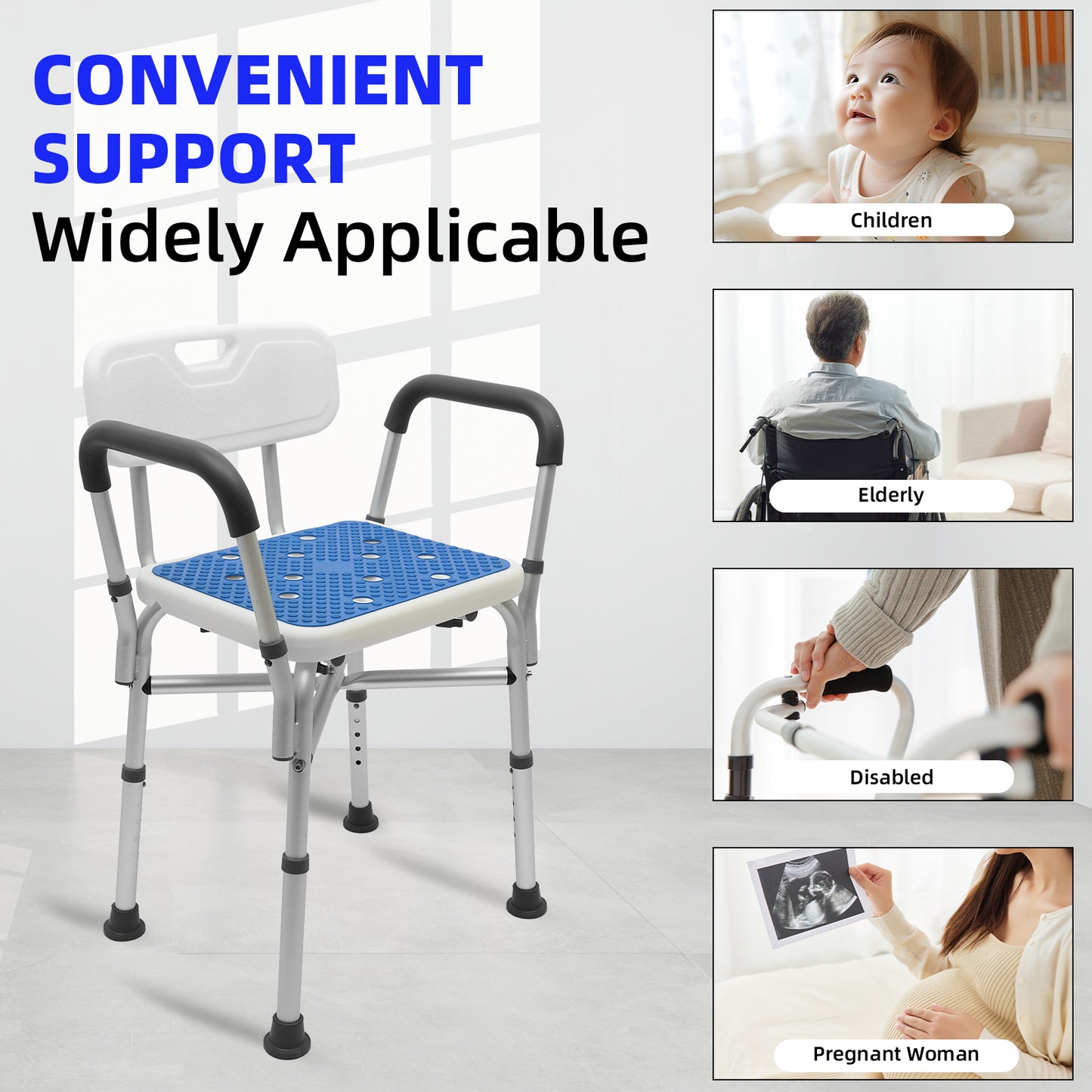 CATGOOD Shower Chair for Inside Shower, Bath Chair with Arms and Reinforced Crossing Bar for Elderly, Adults, Disabled, 550LBs Heavy Duty Bath Chair, Adjustable Shower Bench ,White and Blue