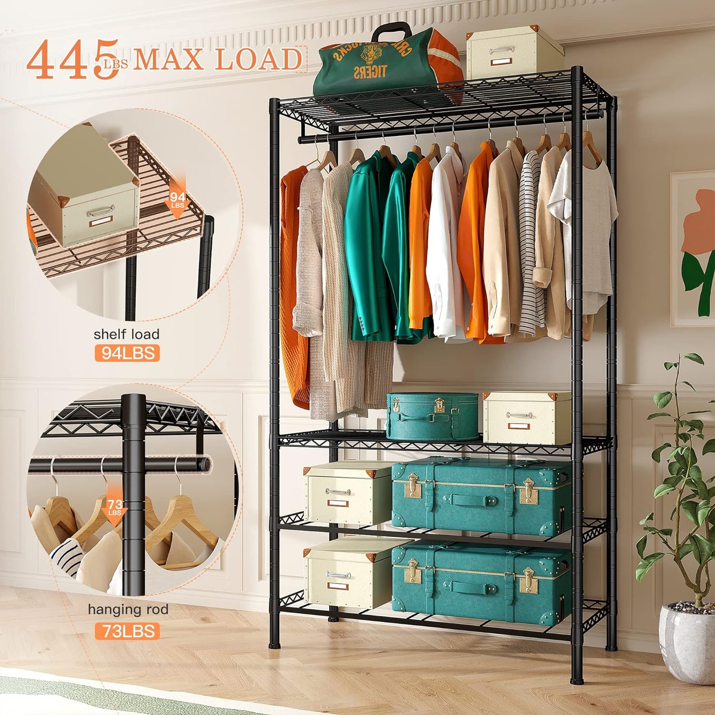 Clothing Rack Heavy Duty Clothes Rack for Hanging Clothes Adjustable Wardrobe Closet with 4 Drawers Freestanding Garment Rack for Extra Closet Space, Black