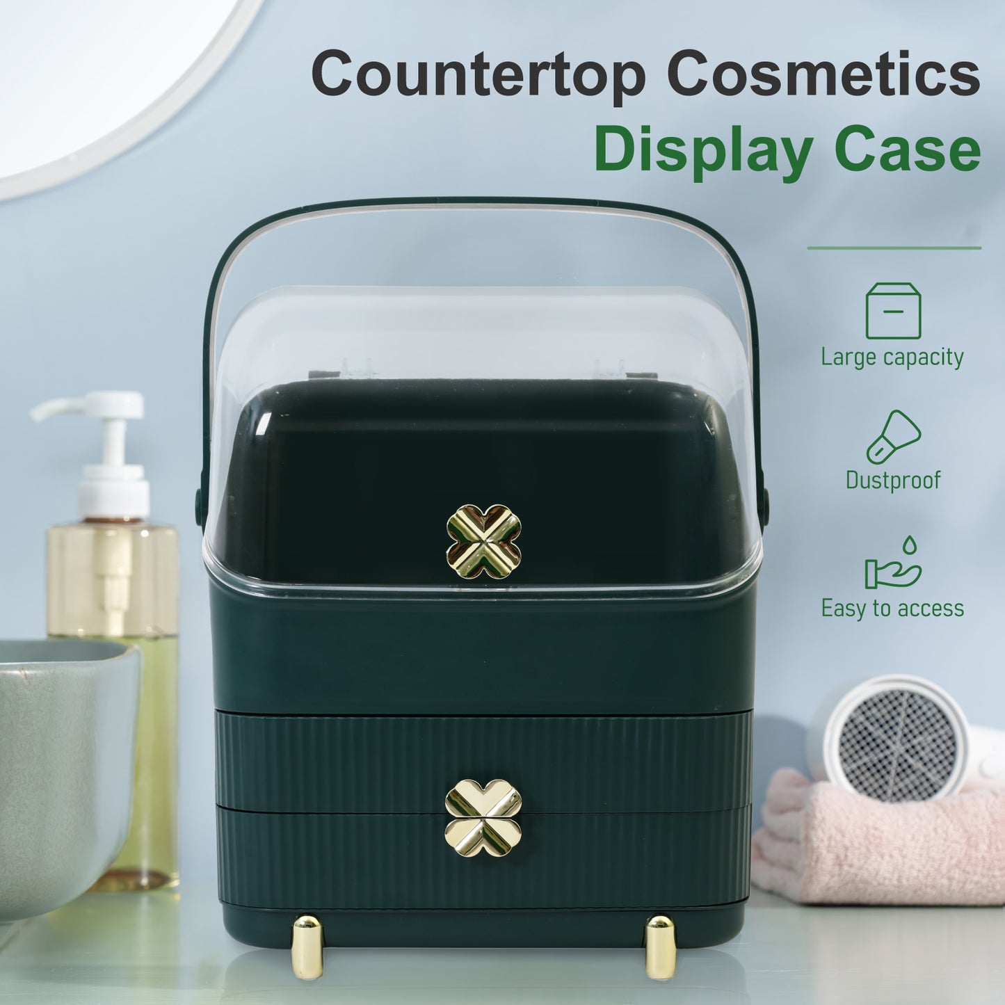 CATGOOD Makeup Organizer Cosmetics Storage with Fully Open Lid, Green, Countertop Cosmetics Display Case, Dresser, Ideal Gift for Women (Dark Green), 10.23*7.08*14.17in