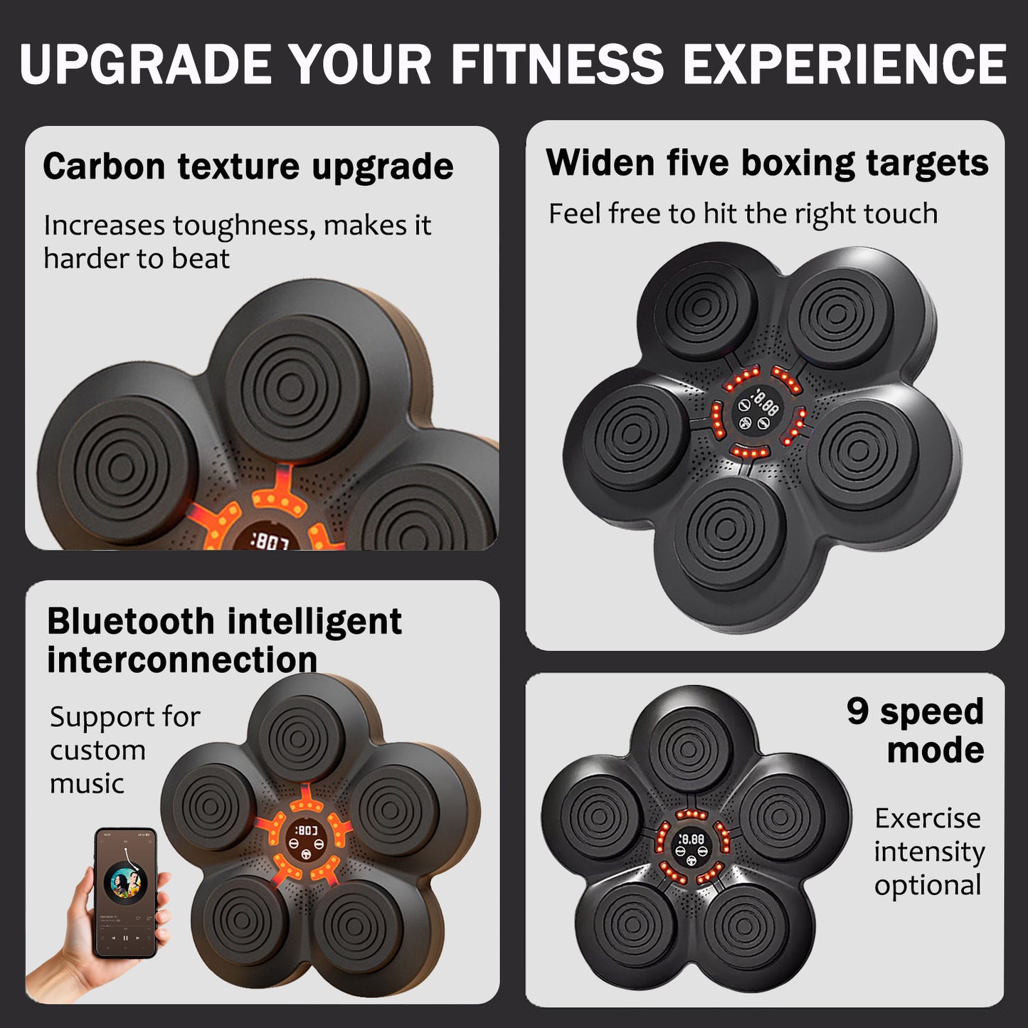 Music Boxing Machine, Wall-Mounted Music Boxing Trainer, Punching Exercise Equipment with 9-Speed Modes for Kids and Adults, Velcro Mount Type, Black