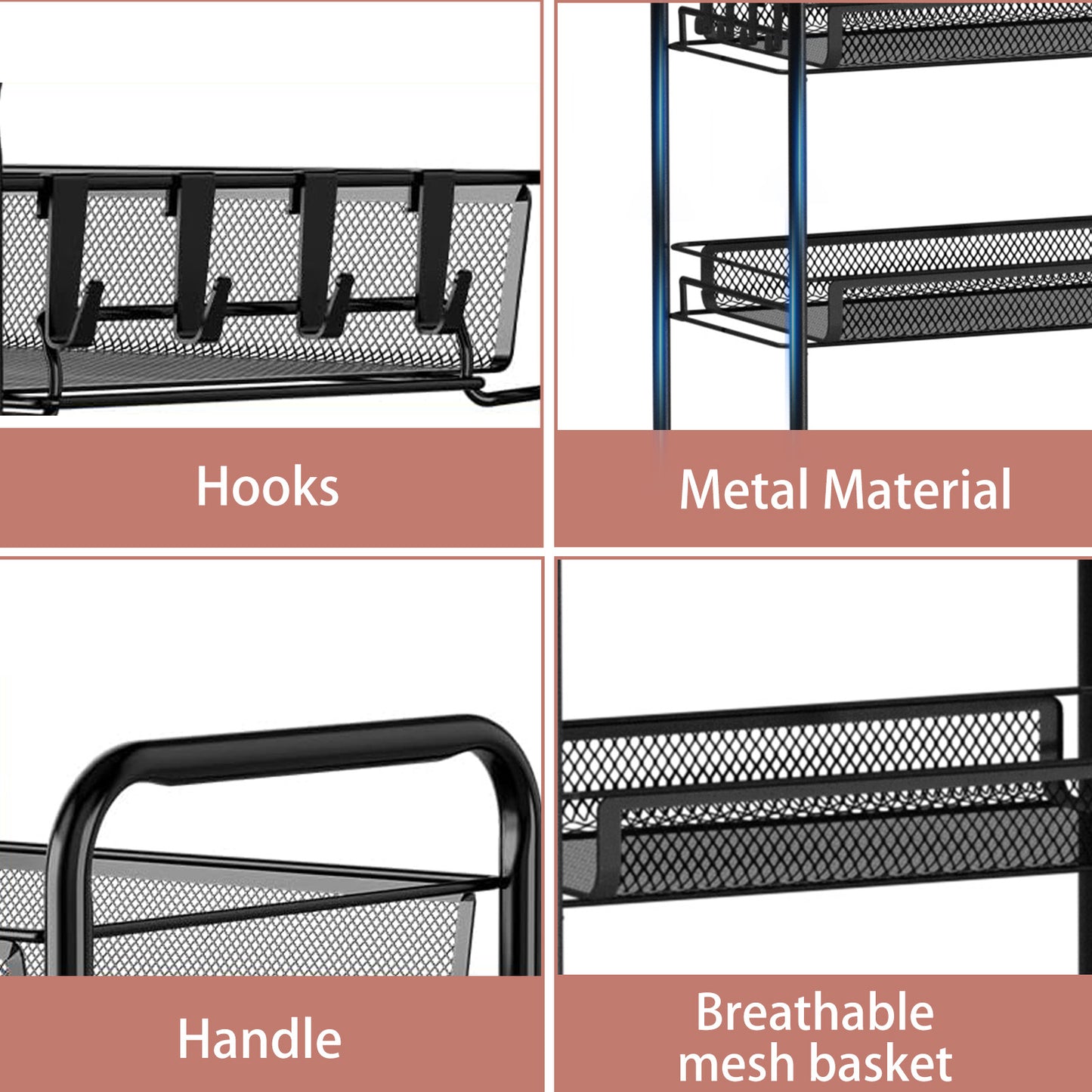 Mesh Rolling Cart with Lockable Wheels, 3 Tier Rustproof Metal Cart with Hooks, Kitchen Rolling Shelf, Mesh Storage Basket for Living Room, Bathroom, Kitchen, Office, Black