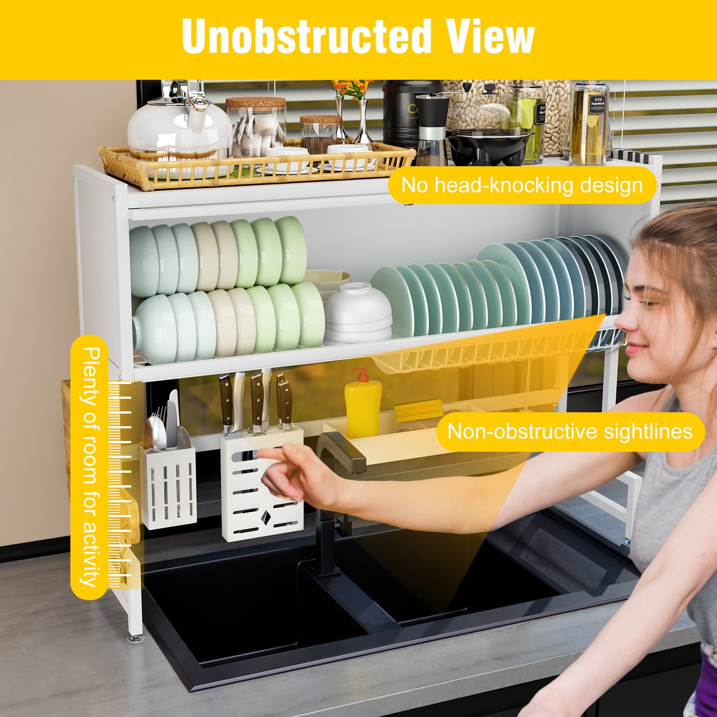 Over the Sink Dish Rack with Cabinet, Multifunctional Dish Drying Rack Above Sink with Visible Cupboard Door for Drying Dishes, Glasses, Bowls, and Utensils, White, Length-41.34"