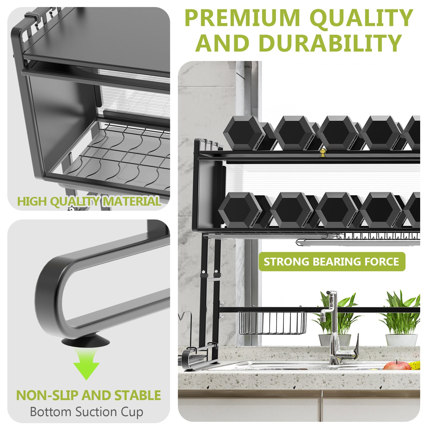 ALSO GO 3-tier Over The Sink Dish Drying Rack, Large Capacity Dish Rack with Cover, Expandable Length & Height, Adjustable Metal Dish Drainer for Kitchen Counter, Space-Saving, Black