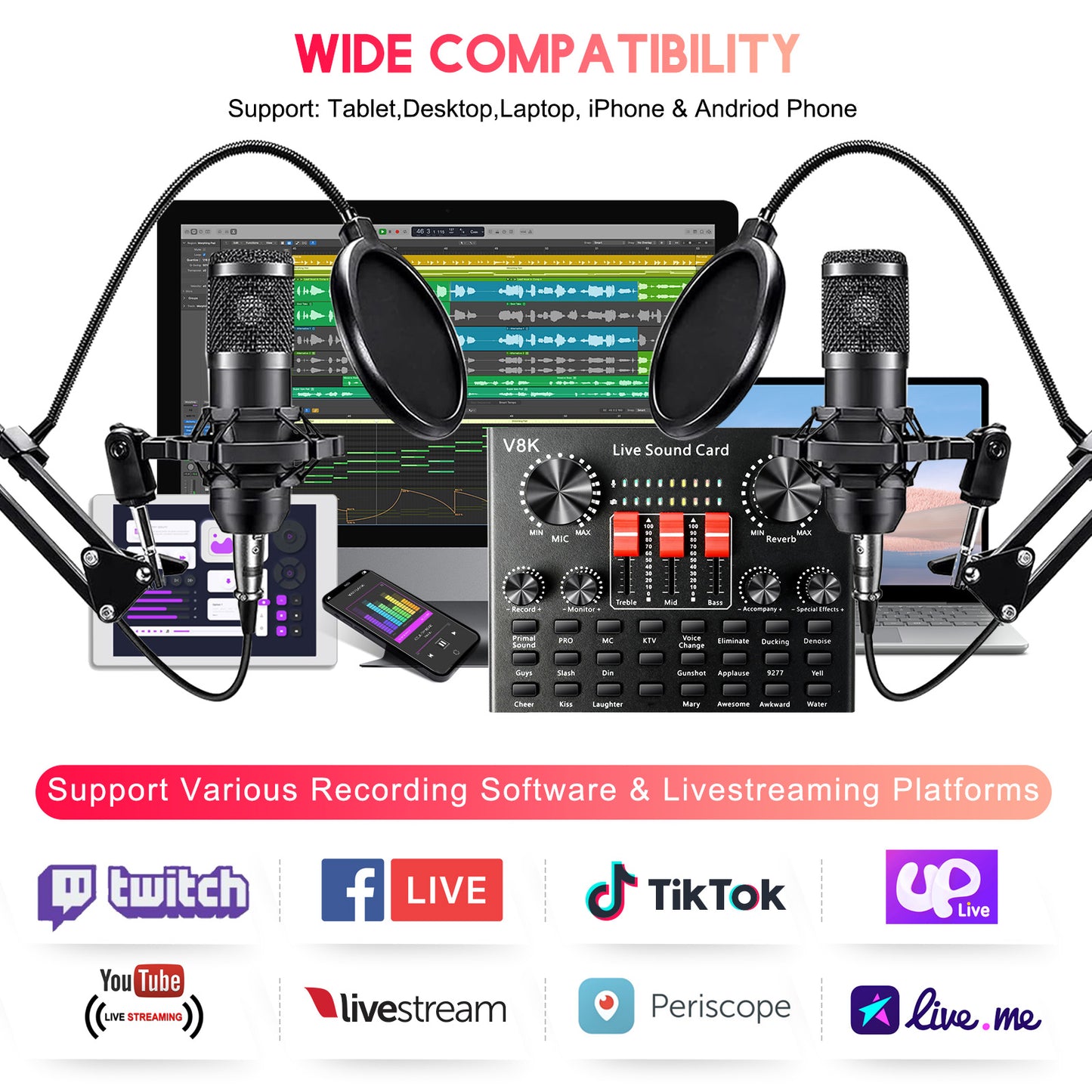 Podcast Equipment Bundle for 2, V8K Live Sound Card with BM800 Condenser Microphone, Perfect for Live Streaming, Singing