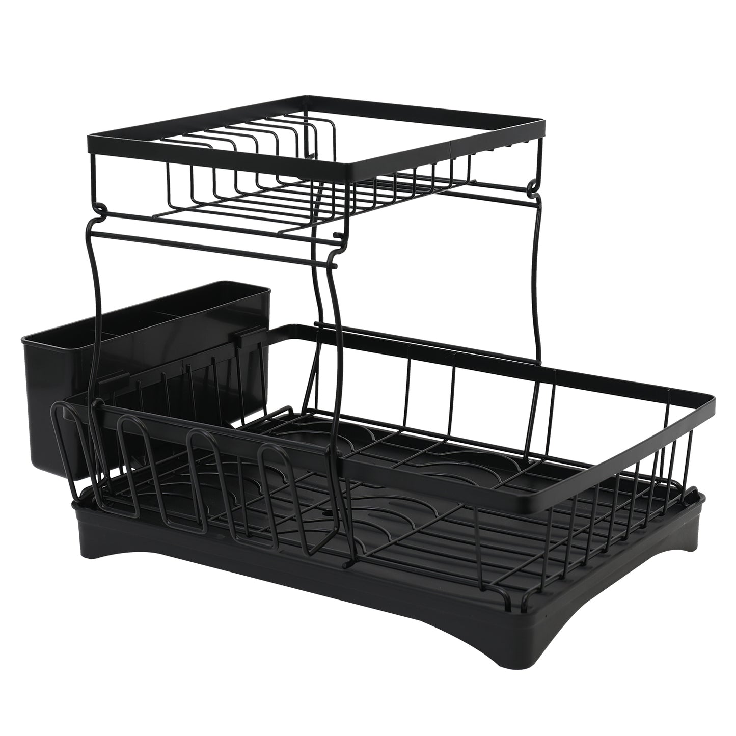 Dish Drying Rack for Kitchen Counter, Detachable Large Capacity Dish Drainer Organizer with Utensil Holder, 2-Tier Dish Drying Rack with Drain Board, Black