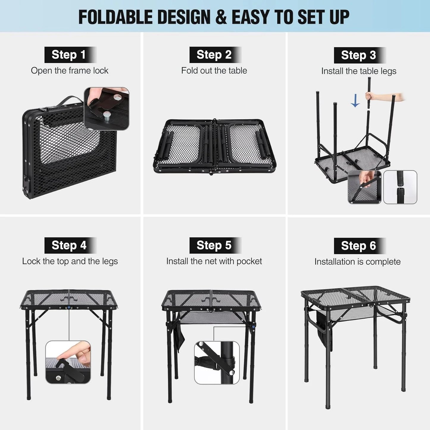 Folding Grill Table Aluminum Portable Grill Stand Table for Outdoor Camping Picnic BBQ Lightweight Adjustable Height Black