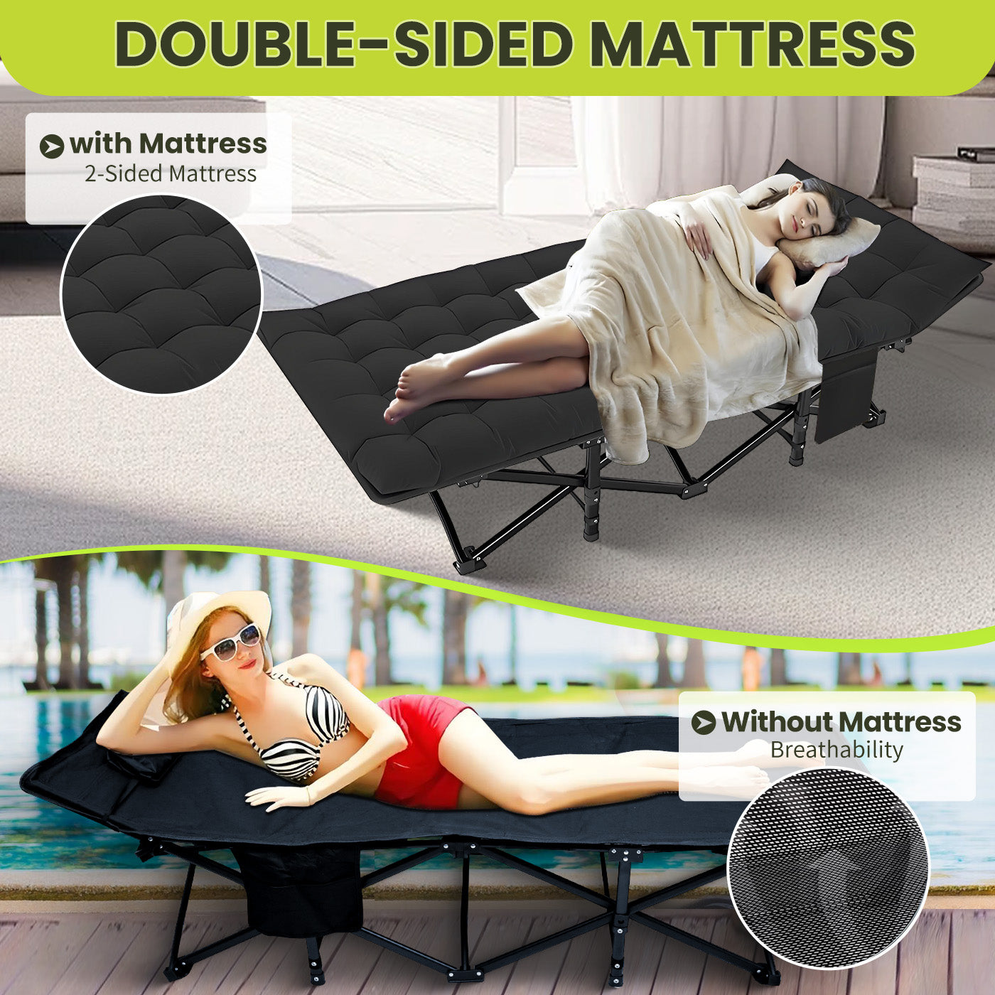 Folding Camping Bed for Adult Adjustable Heavy Duty Outdoor Bed Travel Camp Cots Portable Folding Outdoor Cot