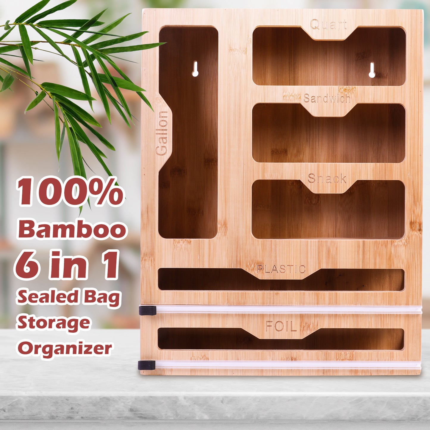 Bamboo Sealed Bag Ziplock Bag Storage Organizer for Kitchen Drawer,6 In 1 Wrap Dispenser Organizer With Cutter for Kitchen Drawer,Plastic Bag Storage for Gallon, Quart, Sandwich, Snack