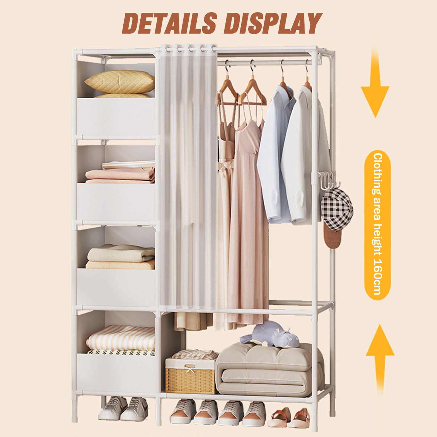 Clothes Rack, Portable Closet, Freestanding Closet Organizer with Curtain, 4 Tier Garment Rack for Bed Room, White