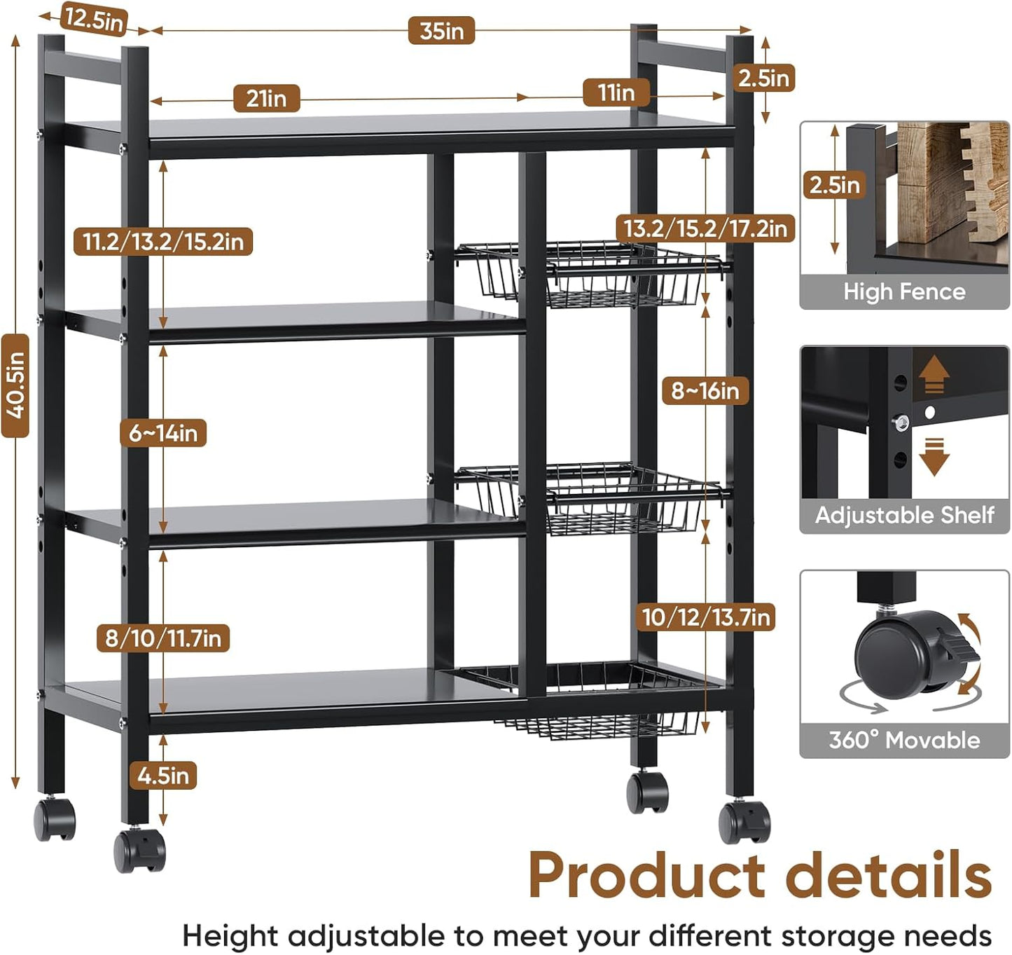 CATGOOD Kitchen Metal Shelf with 3 Baskets, 4 Tiers Multi-Functional Shelf with Wheels, Multi-Layer Mobile Kitchen Shelf Free Standing, Suitable for Kitchen, Bedroom, Living Room, and Balcony, Black