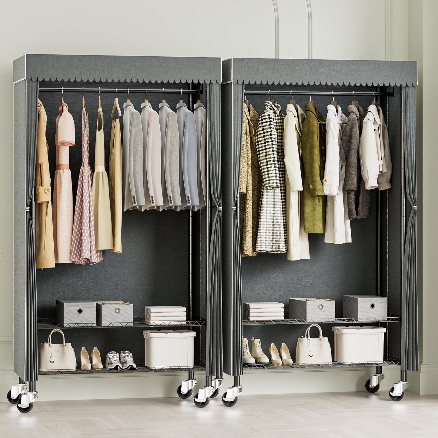 Heavy Duty Wardrobe Rack with Gray Dust Cover, Rolling Clothes Rack for Hanging Clothes, Freestanding Garment Rack with 2-Tier Storage Shelf Wheels Hanging Rod Cover, 35.4"x17"x72.4", Black