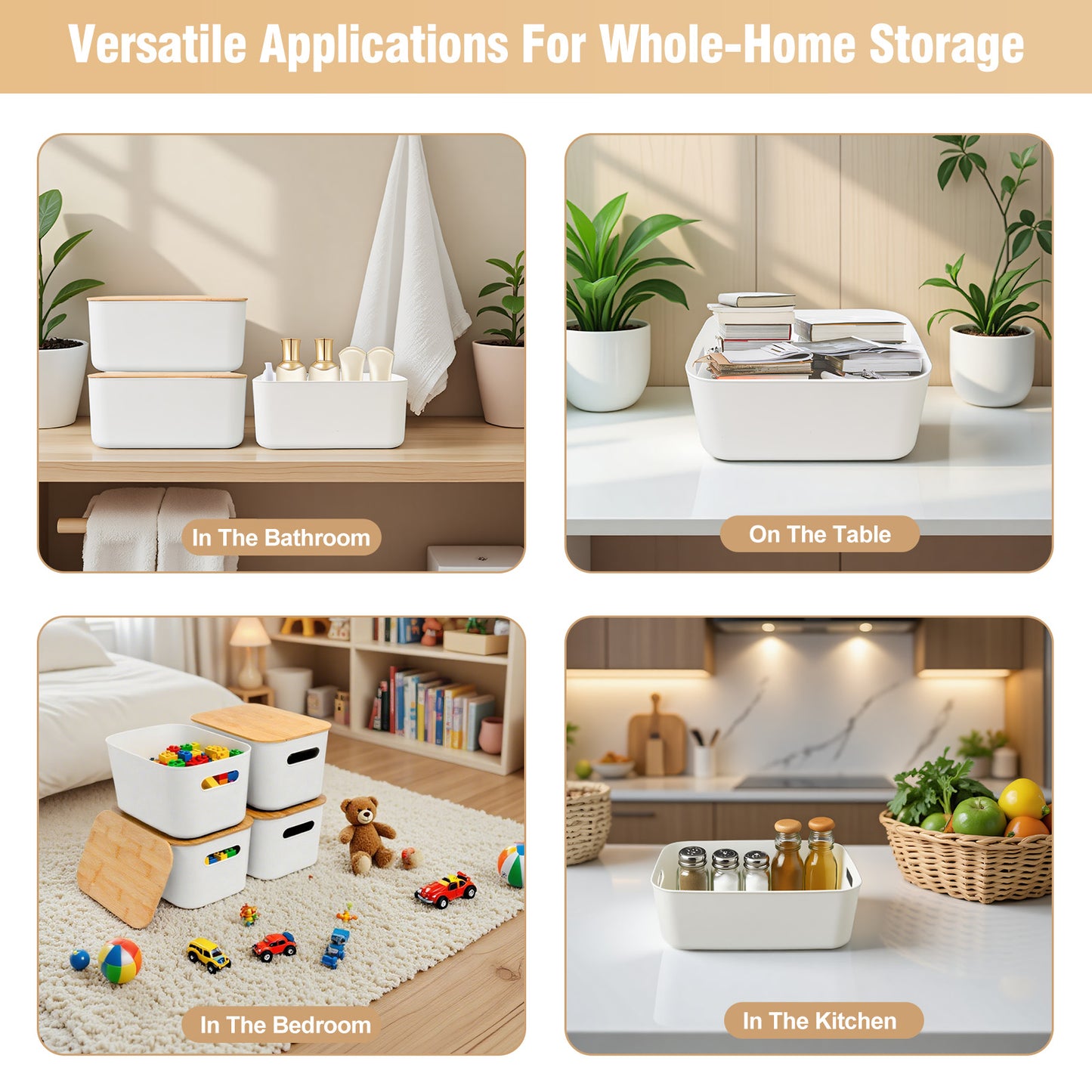 CATGOOD Storage Bins with Bamboo Lids 2 Pack, White Stackable Storage Bins with Lids for Kitchen, Cabinet, Bathroom, Plastic Storage Baskets, Premium Minimalist Boxes, 15"x10.24"x6.3"