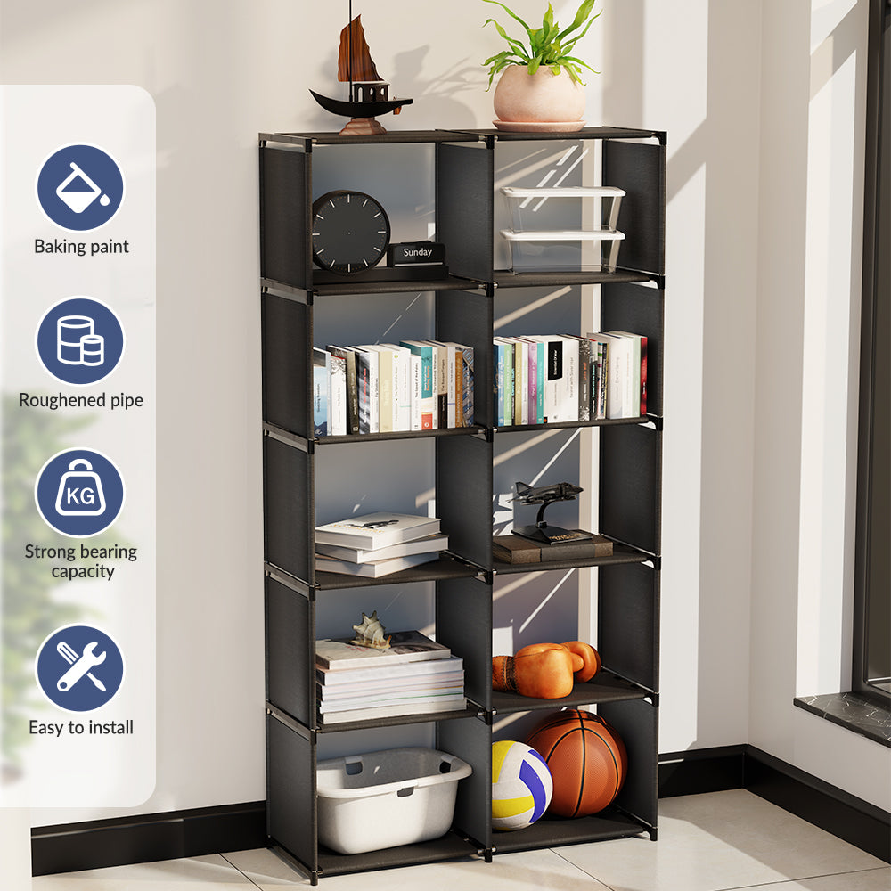 6-Tiers Portable Bookshelf with Fabric Cloth at Back, 10 Cube Closet Storage Organizer Bookcase, Living Room, Study Room, Bedroom, Black