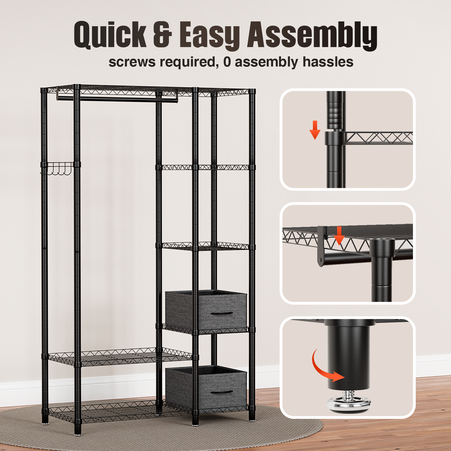 Freestanding Wire Garment Rack, Max Load 510LBS, 6 Tiers Adjustable Heavy Duty Clothes Rack with 2 Fabric Drawers, Portable Clothing Storage Rack for Hanging Clothes, Black