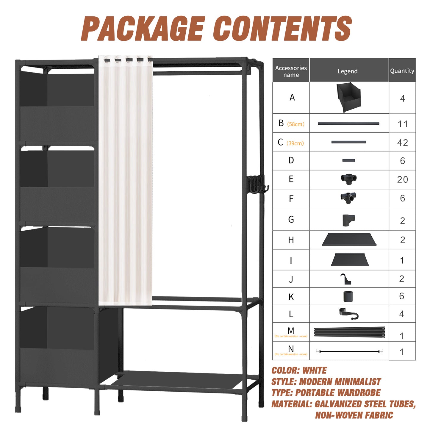 Clothes Rack, Portable Closet, Freestanding Closet Organizer with Curtain, 4 Tier Garment Rack for Bed Room, Black