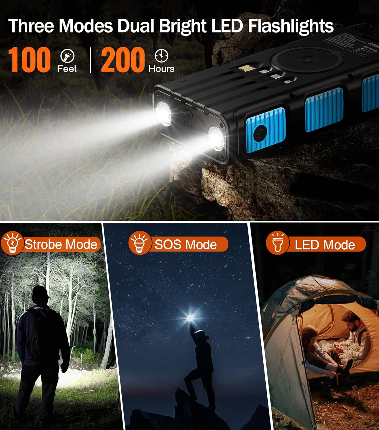 Power Bank Wireless Charger 68800mAh Built in Hand Crank and 4 Cables 15W Fast Charging Power Bank 7 Outputs & 4 Inputs Solar Portable Charger, SOS/Strobe/Strong Flashlights, Compass(Blue)