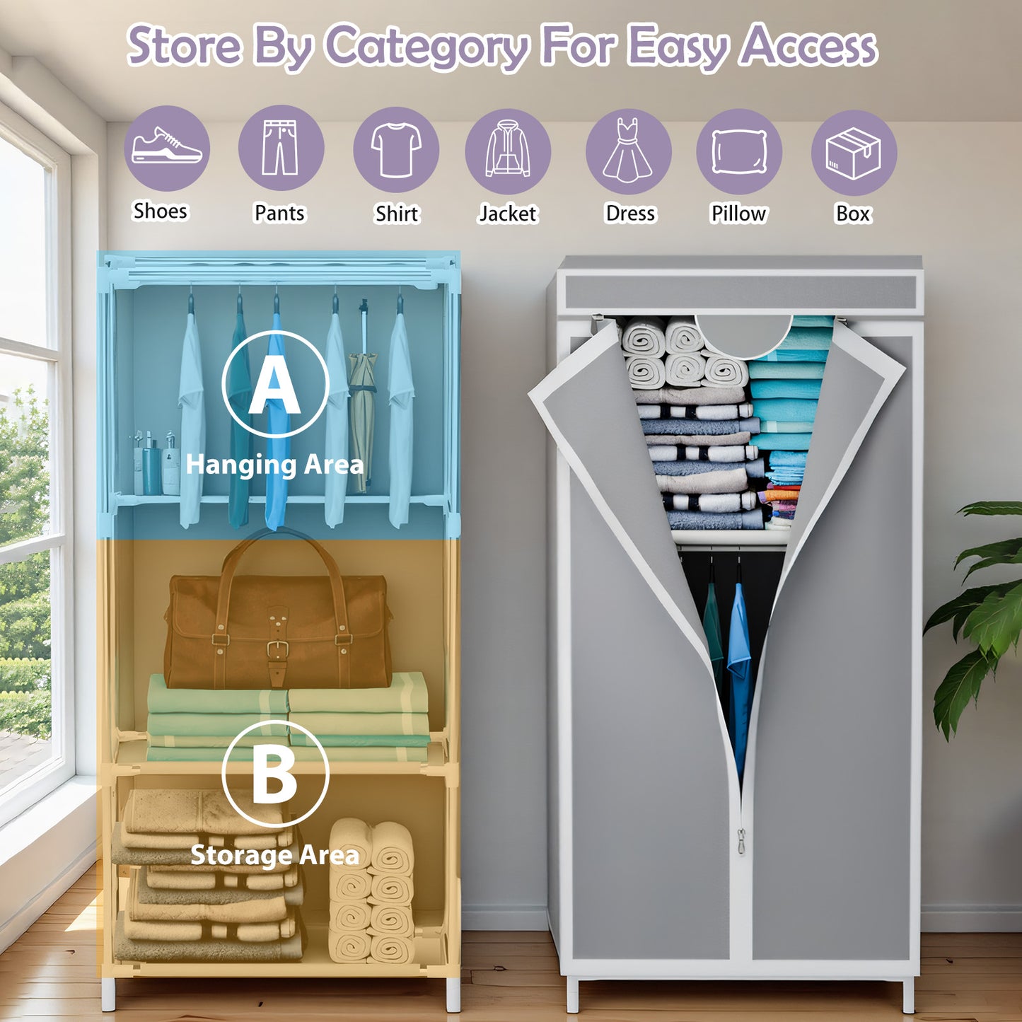 Wardrobe Closet for Hanging Clothes, Bedroom Clothes Closet Storage Organizer, Fabric Wardrobe, Portable Closet with Hanging Rods, Gray