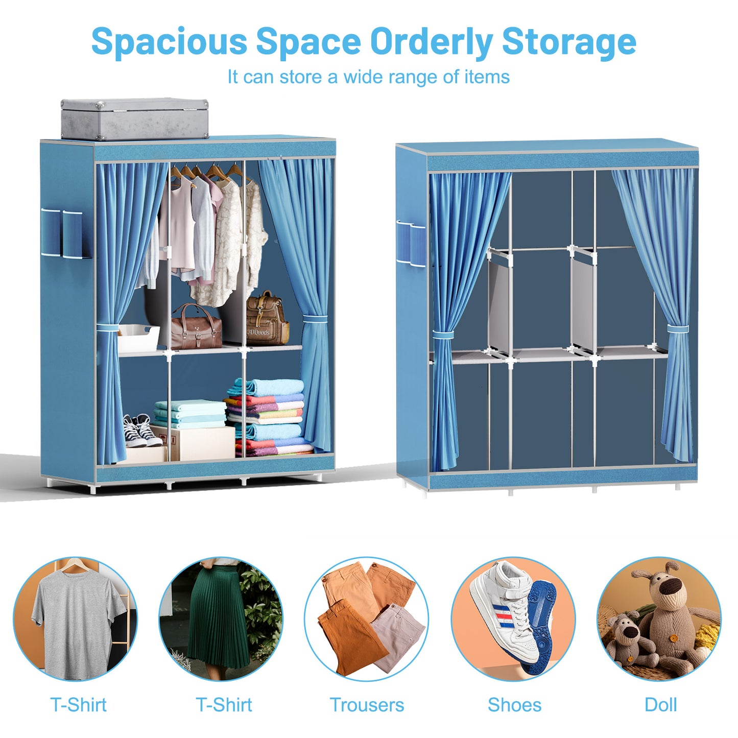 BAOKALER Closet Organizer and Storage for Hanging Clothes, Wardrobe Closet Storage Shelves for Home Bedroom, Light Blue