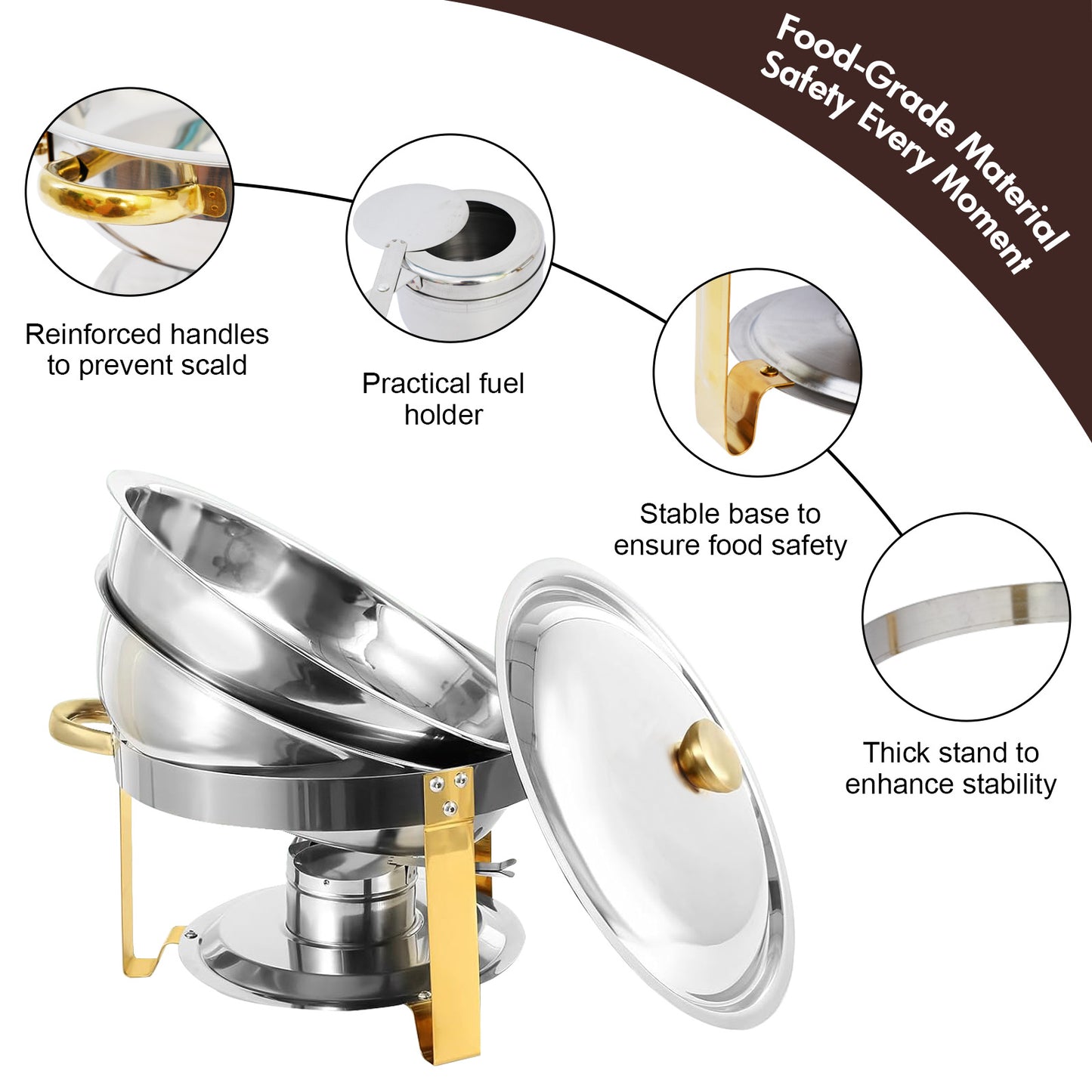 CATGOOD Chafing Dish Buffet Set 4 Pack 5QT Round Half-Gold Plated Stainless Steel Chafing Dish with Stainless Steel Lid, Buffet Warmer Set, for Home Gatherings, Christmas Parties, Catering Events