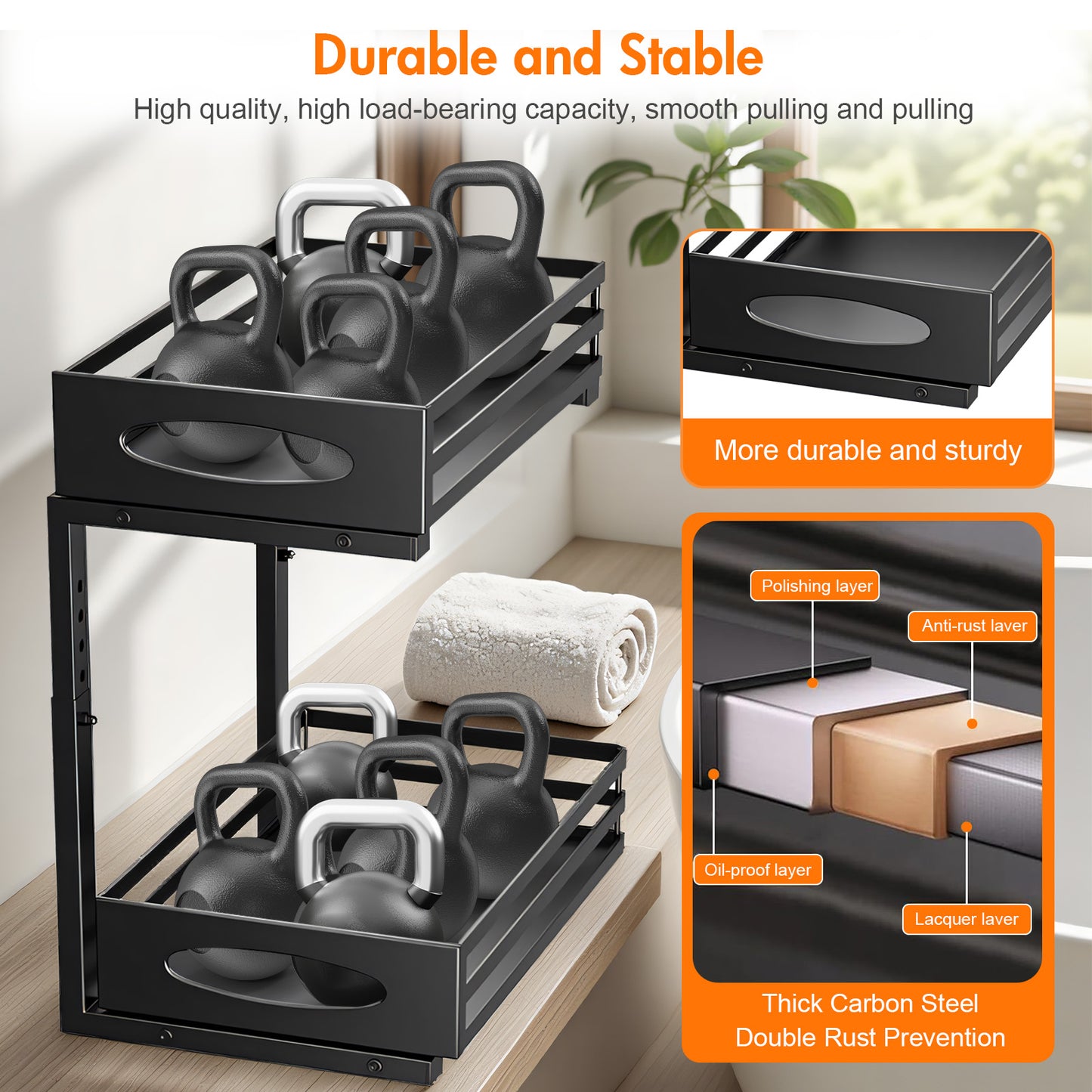 CATGOOD Under Sink Organizer, Multifunctional Pull-Out Under Sink Storage, 2-Tier Under Kitchen Sink Organizer, Waterproof Metal Storage Rack with Sliding Drawer for Kitchen and Bathroom, Black