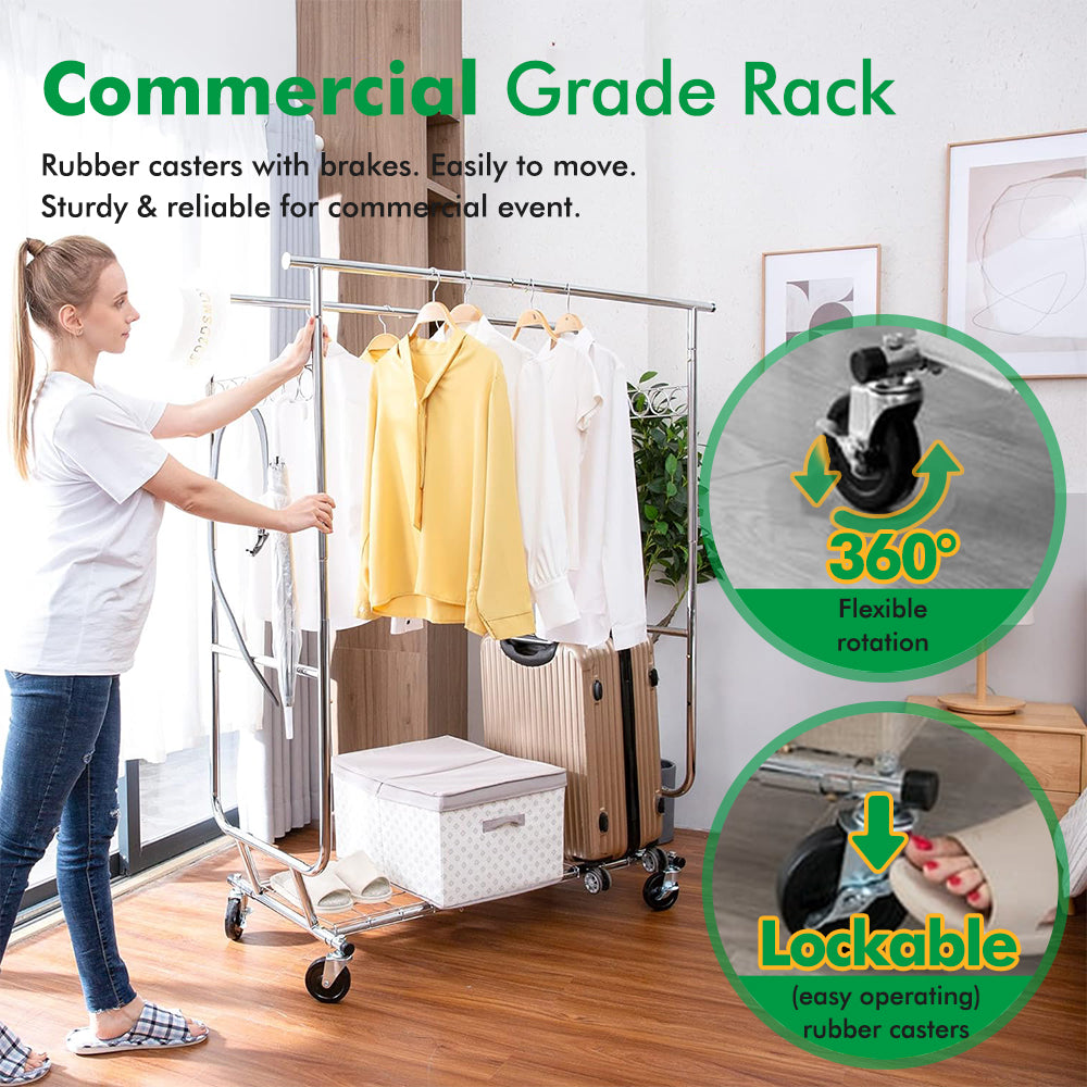 Baokaler 600 lbs Heavy Duty Garment rack with Shelves Collapsible Clothing racks on Wheels rolling Clothes rack for Hanging Clothes Portable Adjustable, Chrome Finish