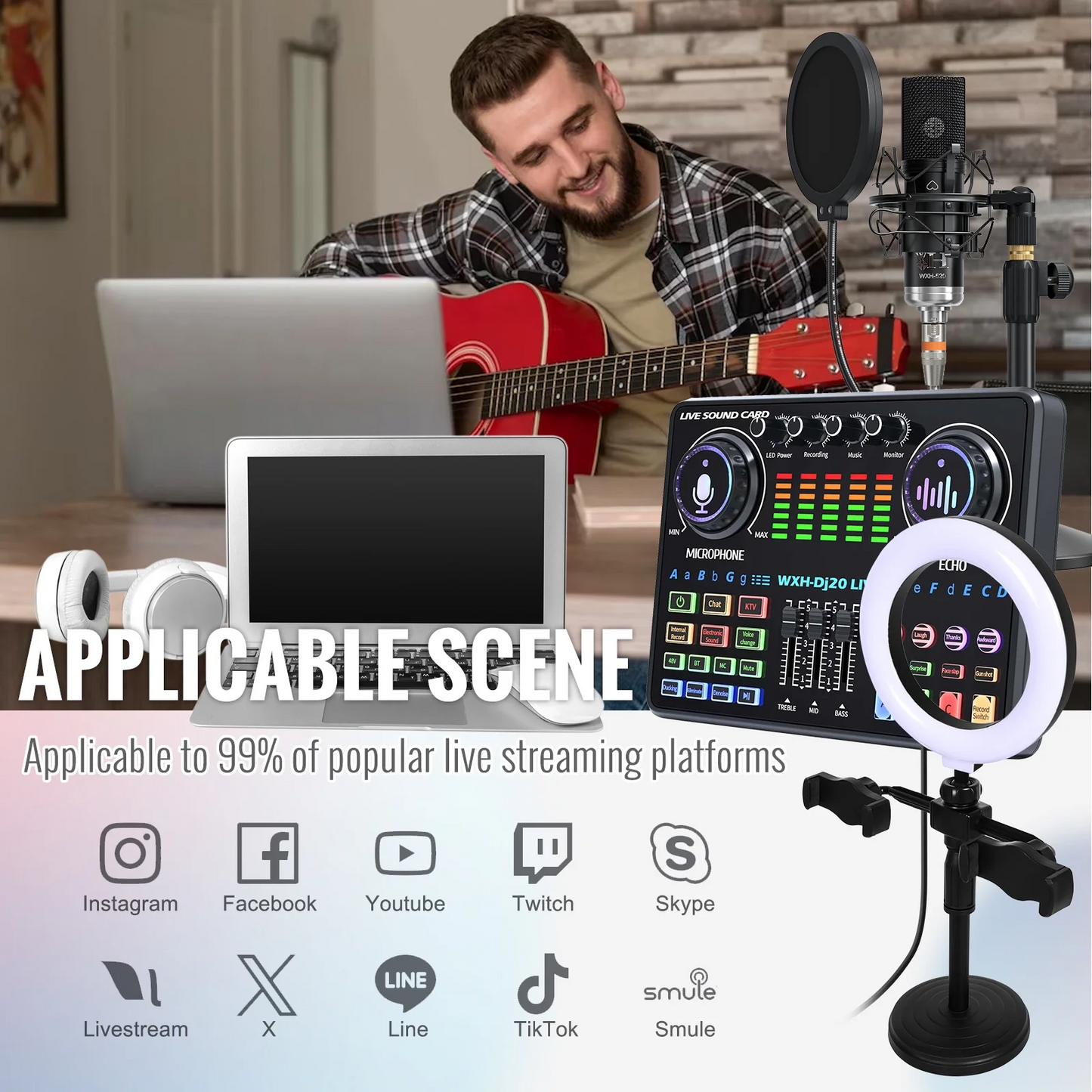 Podcast Equipment Bundle, BAOKALER 48V XLR Large Diaphragm Condenser Microphone with Live Sound Card, Condenser Microphone Bundle for Studio Recording & Broadcasting