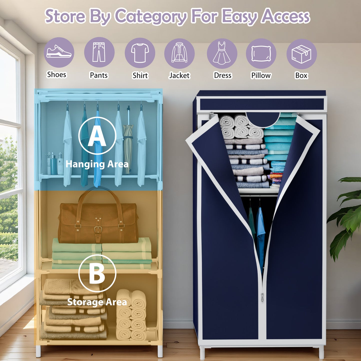 Bedroom Clothes Closet Storage Organizer, Fabric Wardrobe, for Hanging Clothes, Wardrobe Closet for Hanging Clothes, Navy Blue