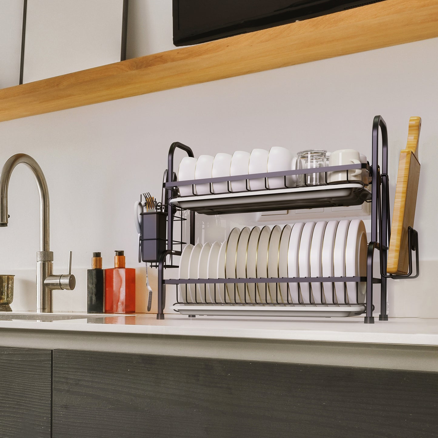 Dish Drying Rack, Kitchen Organization Storage Shelf Dish Drainer Rust-poof Dish Racks for Organizer Home Kitchen Counter with Drainboard, Utensil Holder, Cutting Board Holder