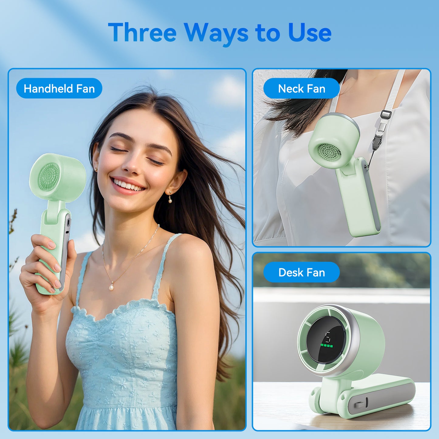Portable Handheld Fan,Battery Personal Fan Portable Rechargeable,12 Hours Pocket Fan,3 IN 1 Hand Held Fan, Portable Fan for Travel/Outdoor/Indoor(Green)