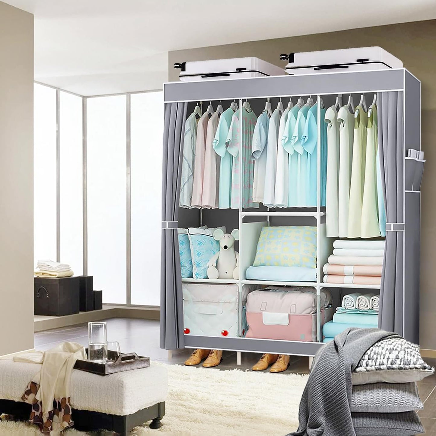 Portable Closet Clothes Wardrobe with 3 Hanging Rod Closet Organizer with Shelf with Cover Clothes Rack Standing Closet Clothes Storage Garment Cabinet