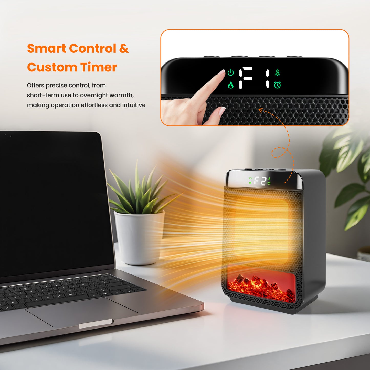 Indoor 1500W 3D Dynamic Flame Tabletop Heater with Safety Protection & Timer, Low-Noise Ceramic Heater Fan for Bedroom, Office, and Indoor Use
