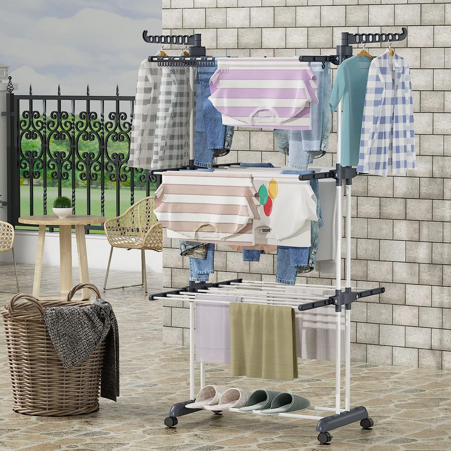 Homemart Clothes Drying Rack, 4-Tier Foldable Laundry Drying Rack, Stainless Steel Garment Clothes Dryer Indoor or Outdoor Standing Clothing Rack with Wheels