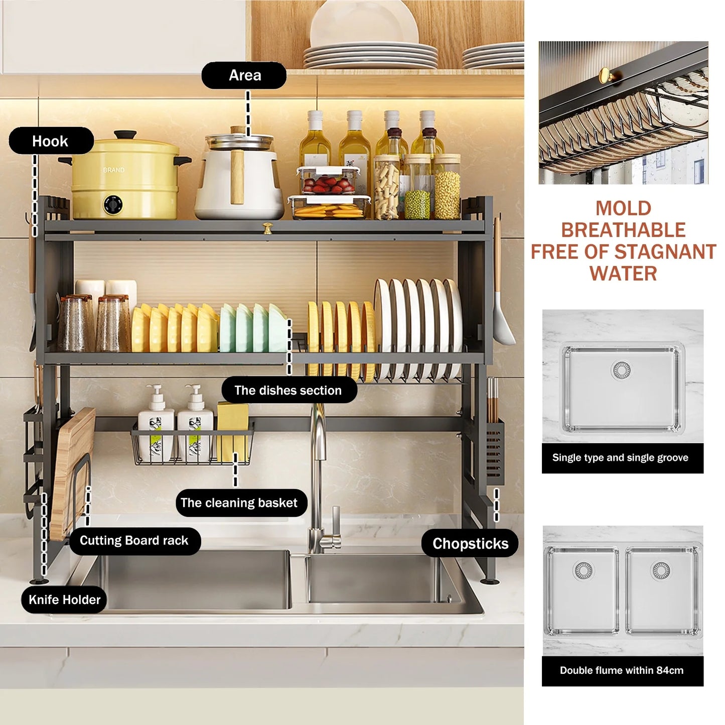 Overthe Sink Dish Rack, Over the Sink Drying Rack with Cover, Dish Drying Rack Over Sink for Bowls and Cutlery, Dish Holder Organizer for Kitchen Counter Storage