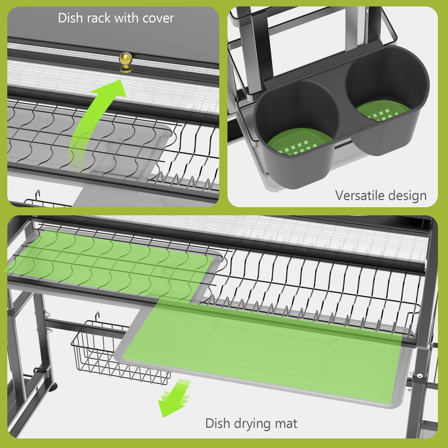 ALSO GO 3-tier Over The Sink Dish Drying Rack, Large Capacity Dish Rack with Cover, Expandable Length & Height, Adjustable Metal Dish Drainer for Kitchen Counter, Space-Saving, Black