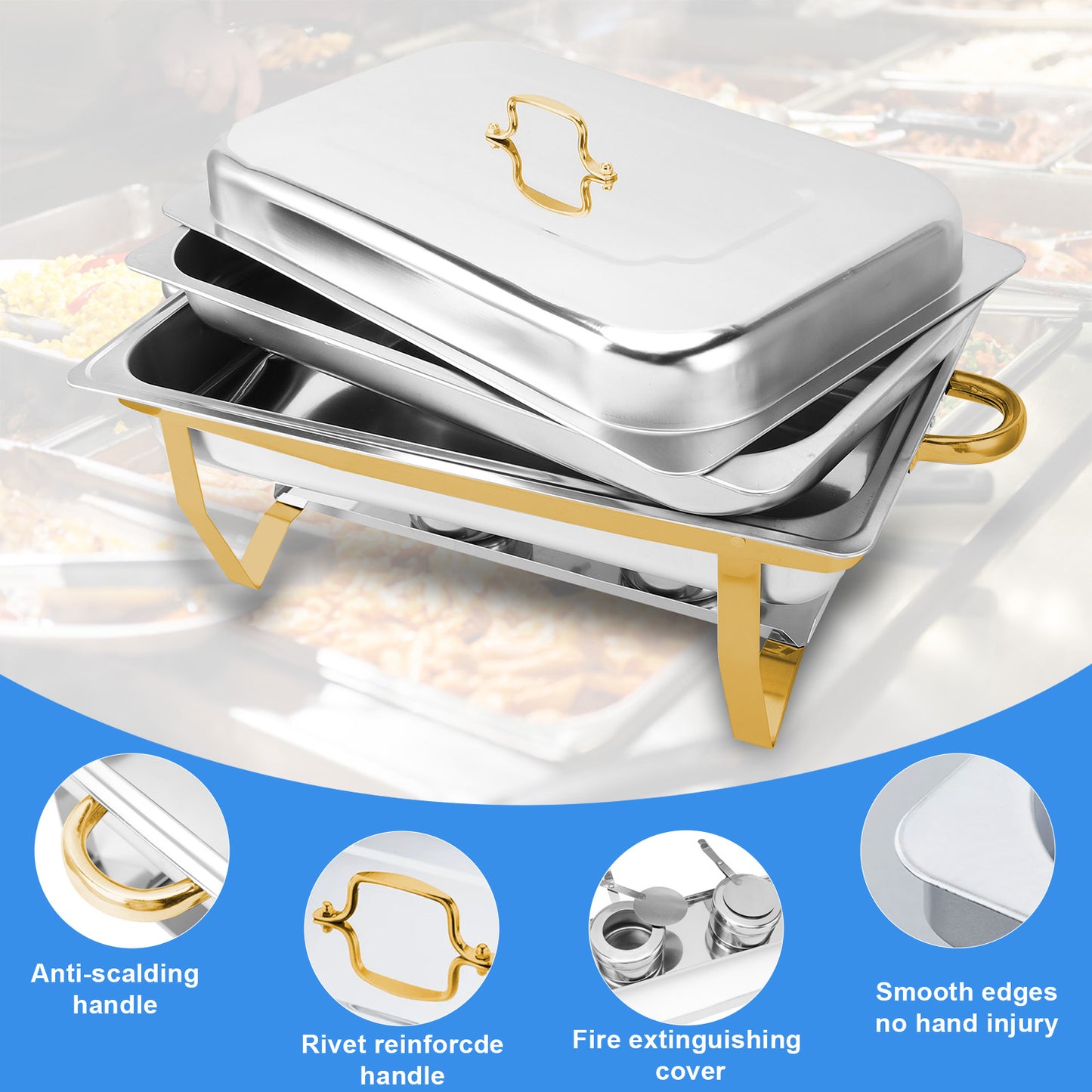 CATGOOD Chafing Dish Buffet Set 4 Pack, 8QT-9QT Rectangular Semi-Gold-Plated Stainless Steel Chafing Dish Set, Buffet Warmer for Hotel Catering, Parties, Weddings, Gold