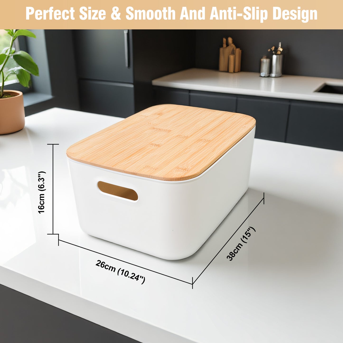 CATGOOD Storage Bins with Bamboo Lids 2 Pack, White Stackable Storage Bins with Lids for Kitchen, Cabinet, Bathroom, Plastic Storage Baskets, Premium Minimalist Boxes, 15"x10.24"x6.3"