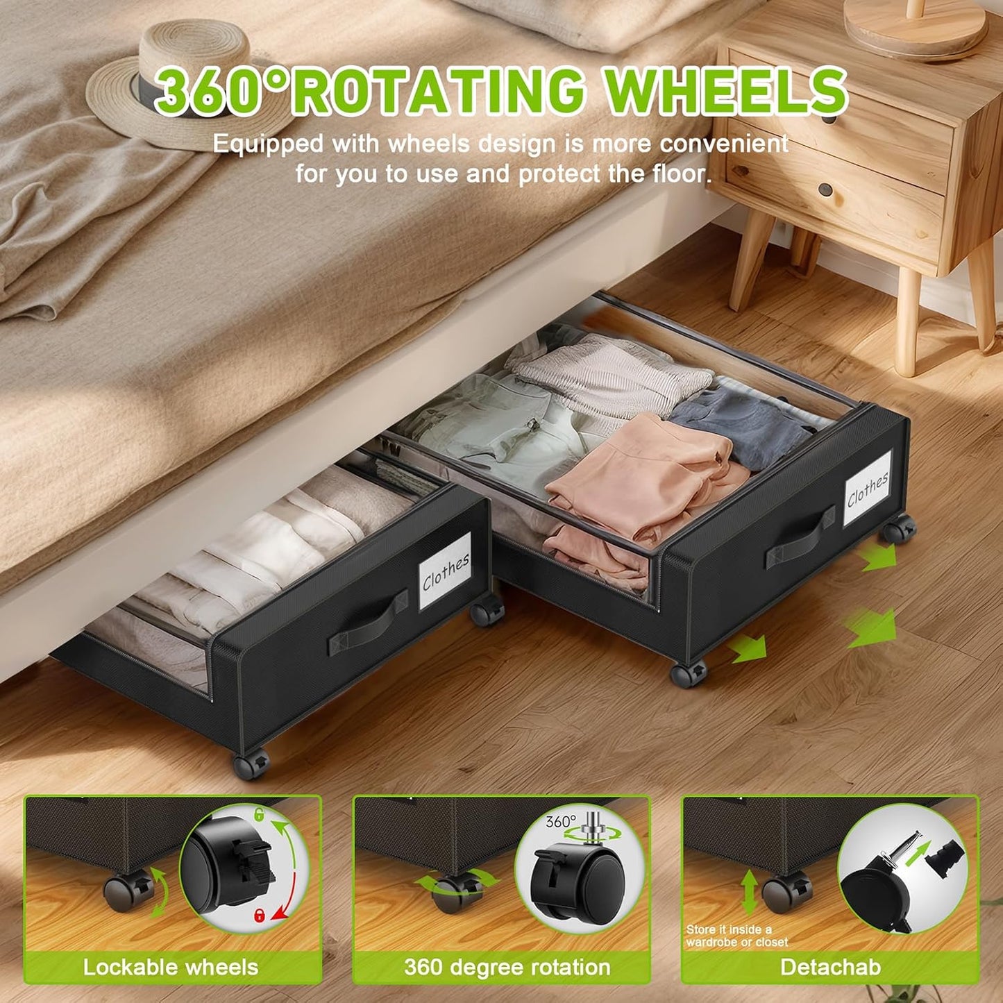 Under Bed Storage with Wheels, Under Bed Storage Containers, Under the Bed Storage Organizer with Clear Lids - Rolling Drawers & Bins for Clothes,Shoes,Toys, 2-Pack (Black)