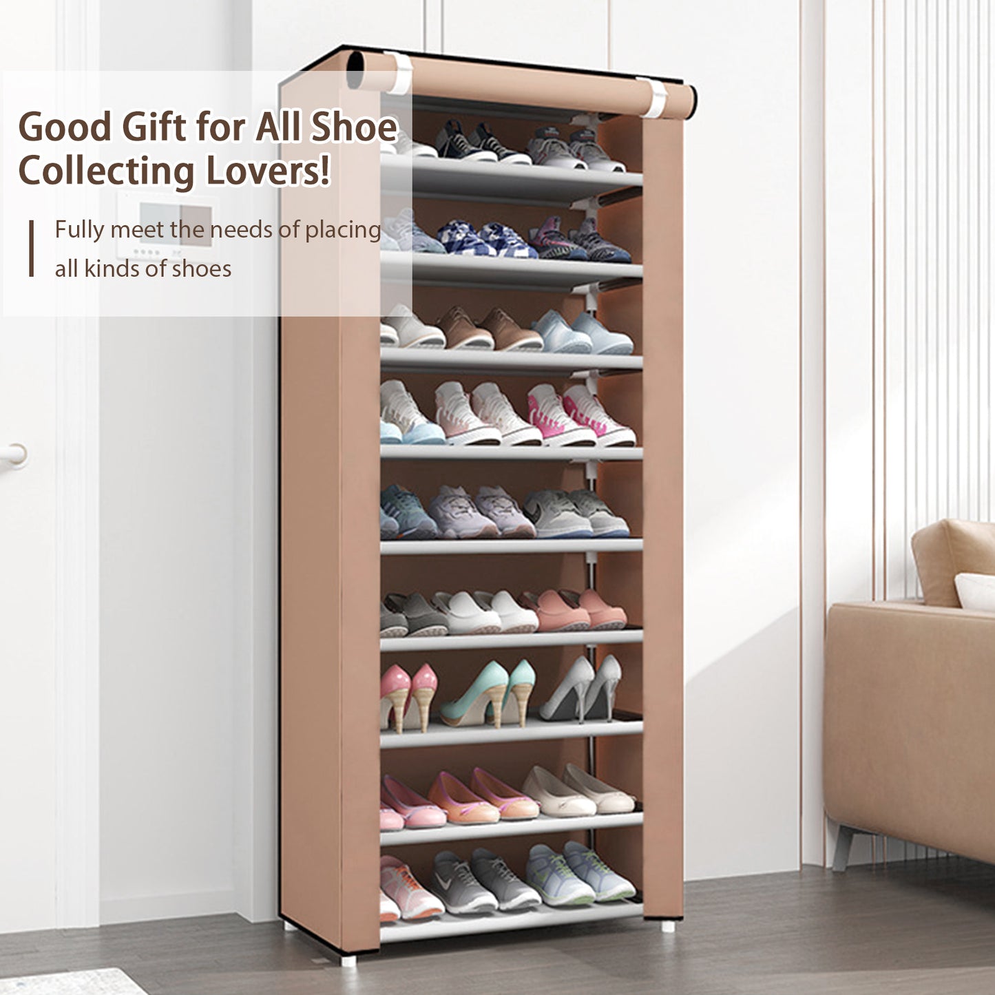 Portable Shoe Rack, 10-Tier 27 Paris Shoe Storage Cabinet with Cover, Non-Woven Fabric Shoe Storage Organizer, 9 Lattices Shoe Cabinet Tower Shelf Closet Coffee