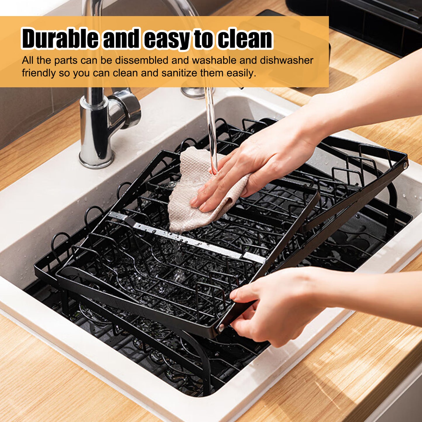 Over The Sink Dish Drying Rack with Drainage, Stainless Steel Large Multifunctional Dish Racks, Rustproof Dish Rack for Kitchen Counter Organization 2 Tier Black