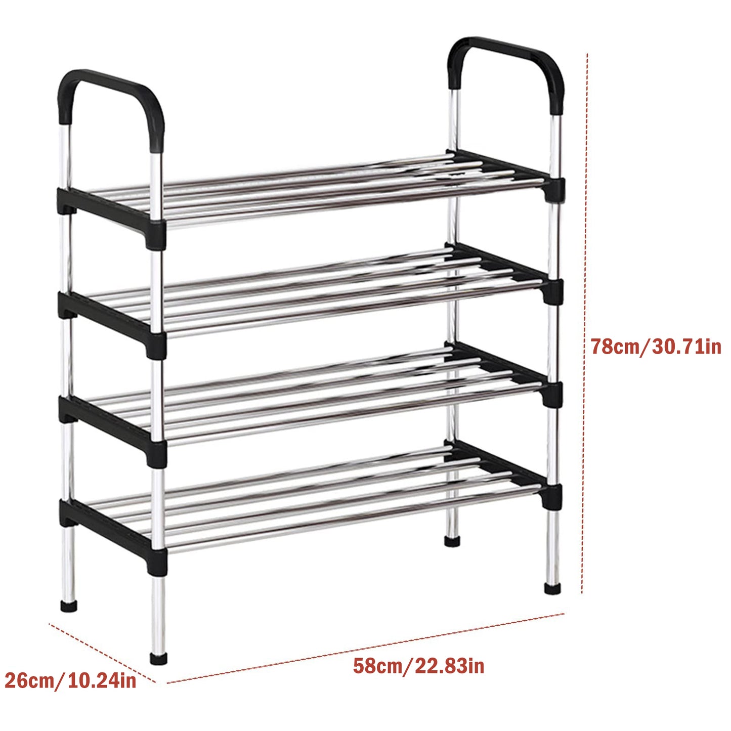 4-Tier Shoe Rack Organizer, Metal Shoe Storage Stand for Entryway, Hallways, Bedrooms, Bathrooms, Offices, and Living Rooms, Silver and Black