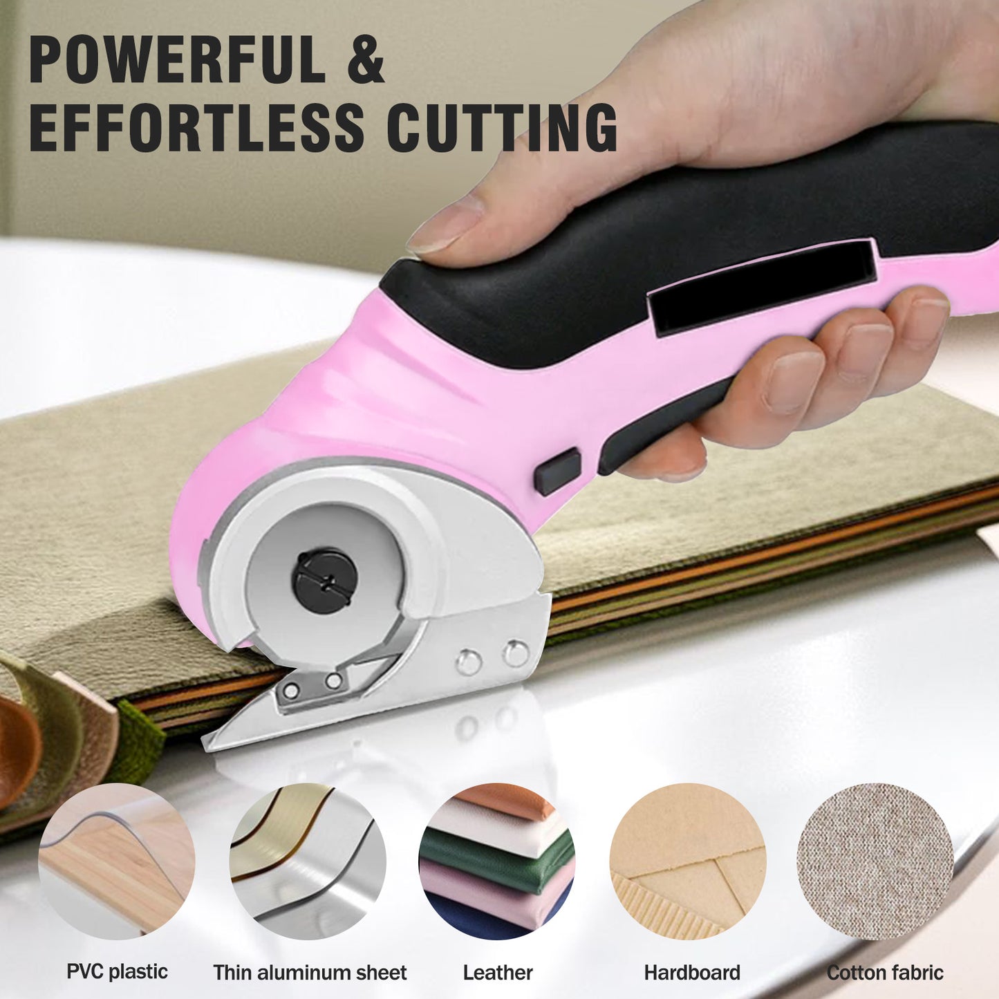 Cordless Electric Scissors, Cardboard Cutter, Rechargeable Powerful 4V Scissor Cutting Tool for Cardboard, Fabric, Leather, Pink