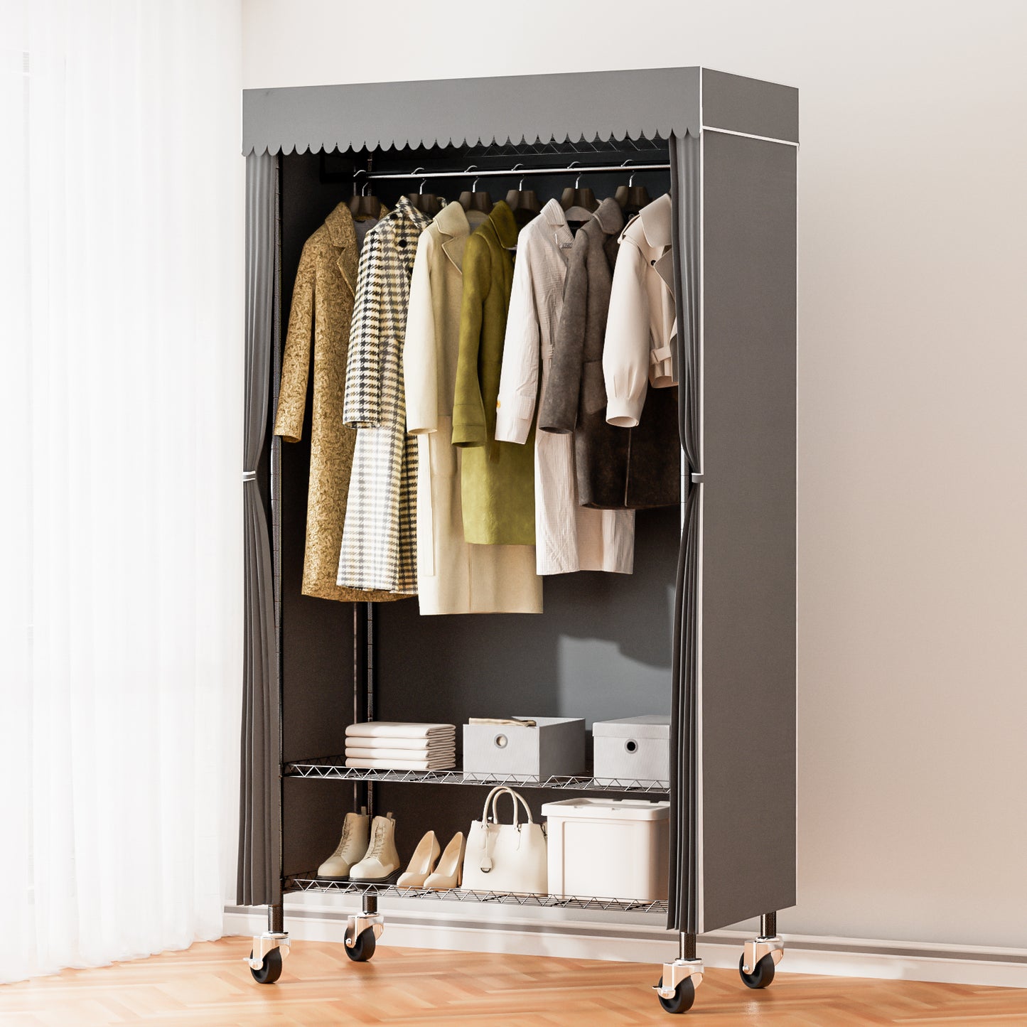 Heavy Duty Wardrobe Rack with Gray Dust Cover, Rolling Clothes Rack for Hanging Clothes, Freestanding Garment Rack with 2-Tier Storage Shelf Wheels Hanging Rod Cover, 35.4"x17"x72.4", Black