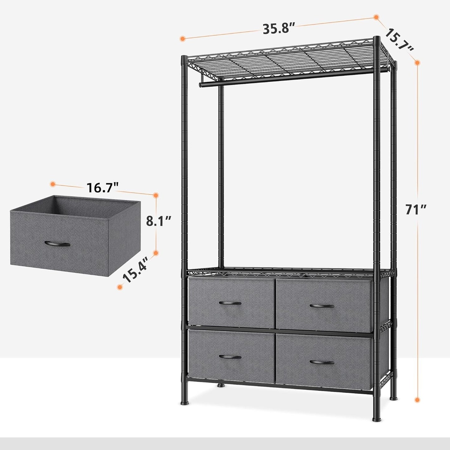 BAOKALER Clothes Rack Heavy Duty Clothing Rack for Hanging Clothes Adjustable Metal Wire Shelving with 4 Fabric Drawers, DIY Freestanding Wardrobe, 400lbs Load Capacity, Black