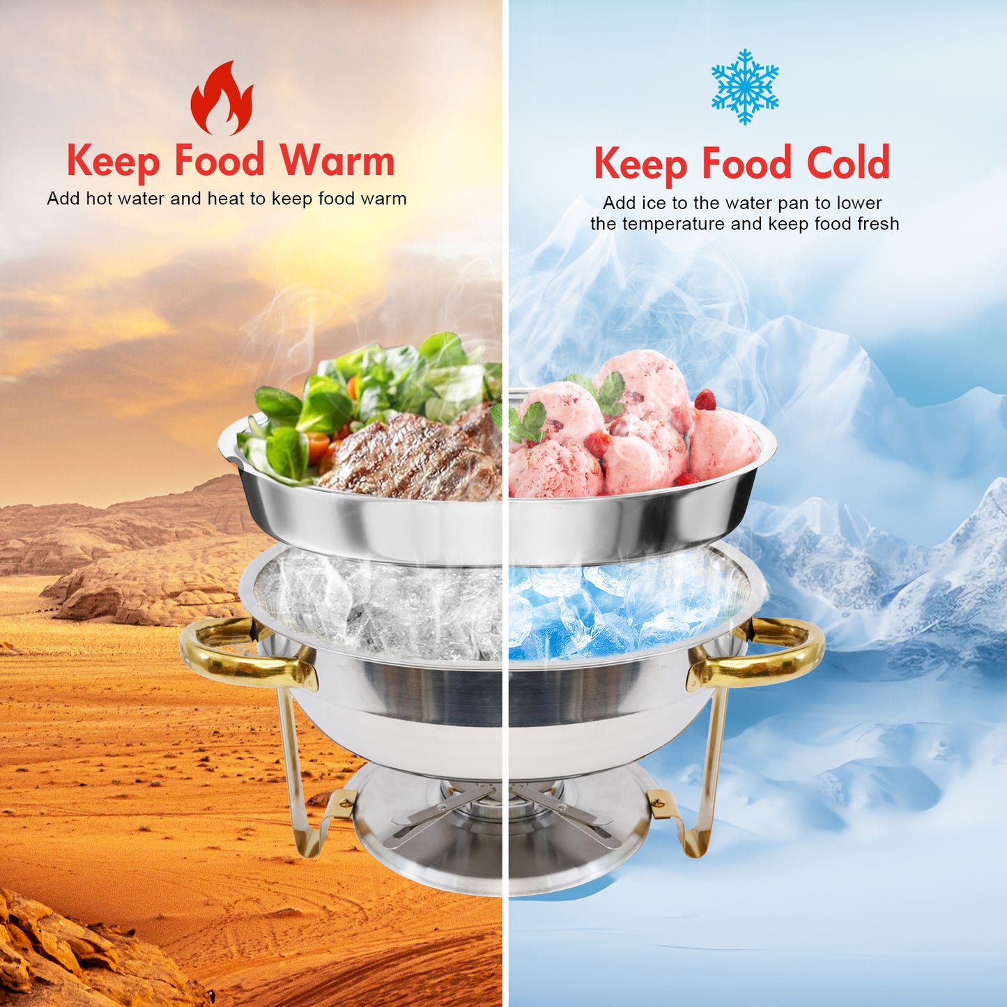 CATGOOD Chafing Dish Buffet Set 4 Pack 5QT Round Half-Gold Plated Stainless Steel Chafing Dish with Stainless Steel Lid, Buffet Warmer Set, for Home Gatherings, Christmas Parties, Catering Events