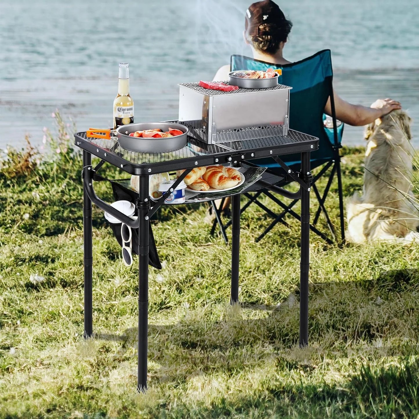 Folding Grill Table Aluminum Portable Grill Stand Table for Outdoor Camping Picnic BBQ Lightweight Adjustable Height Black