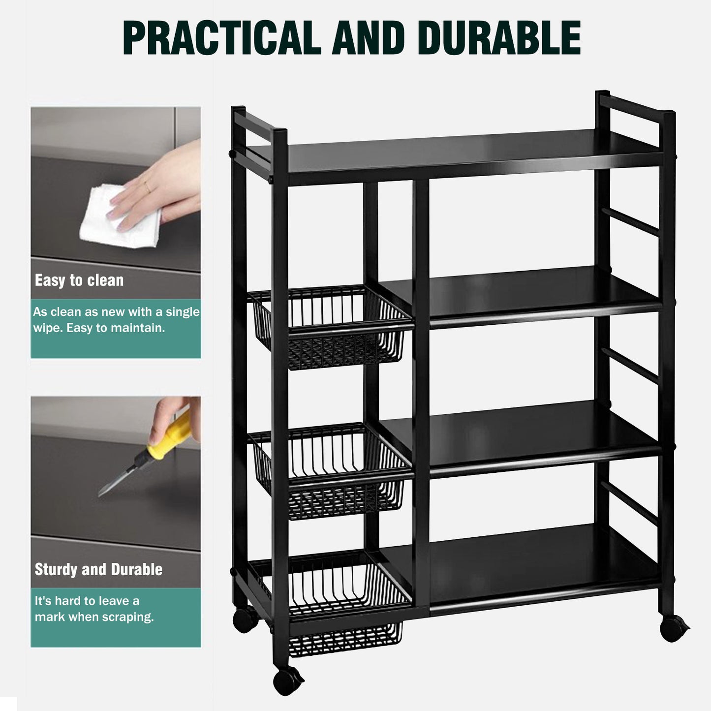 Freestanding Kitchen Storage Rack, Multi-Functional Multi-Layer Mobile Storage Shelf, 4 Tiers with 3 Baskets, Suitable for Kitchen, Bedroom, Living Room, and Balcony