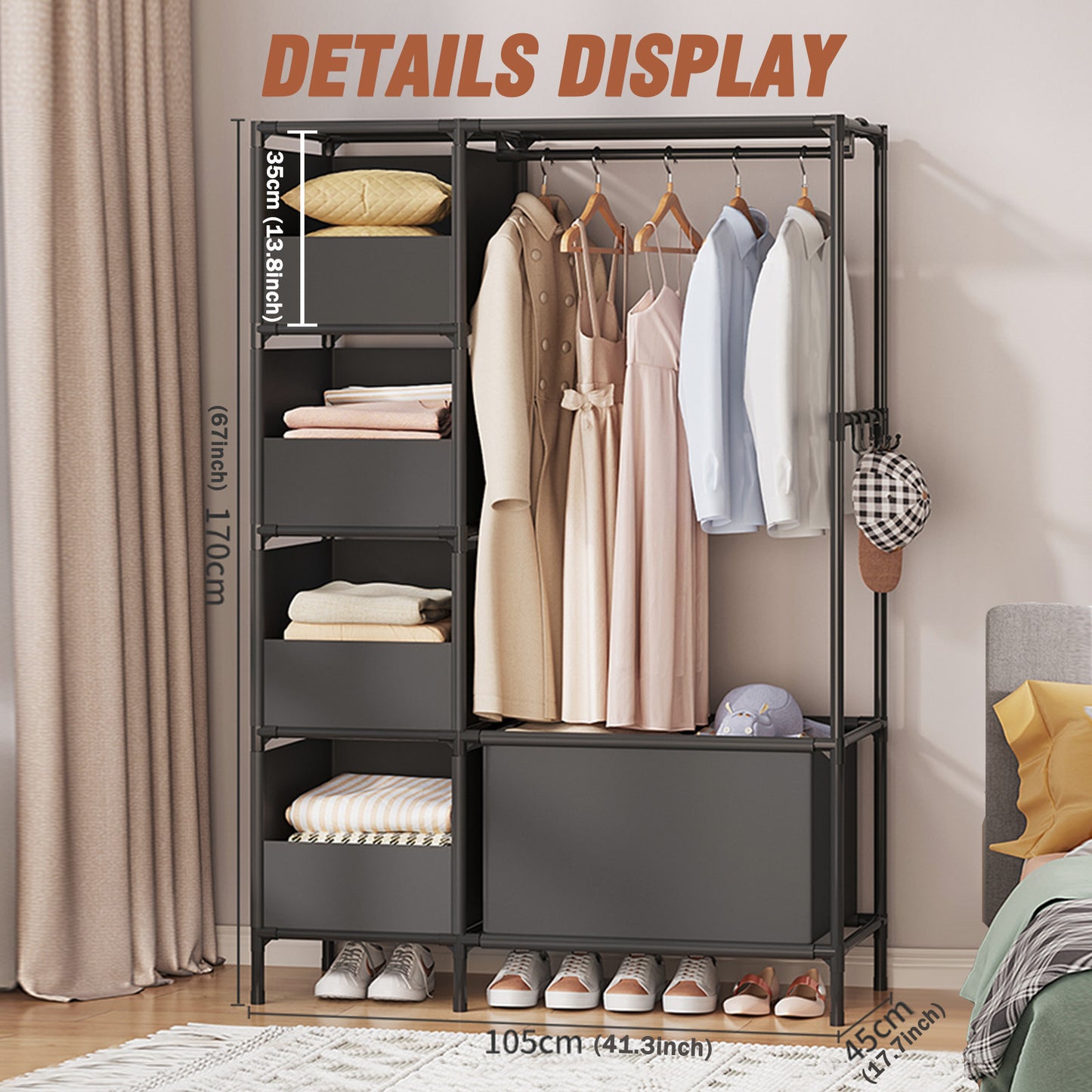 Clothes Rack, Portable Closet, Freestanding Closet Organizer with Curtain, 4 Tier Garment Rack for Bed Room, Black